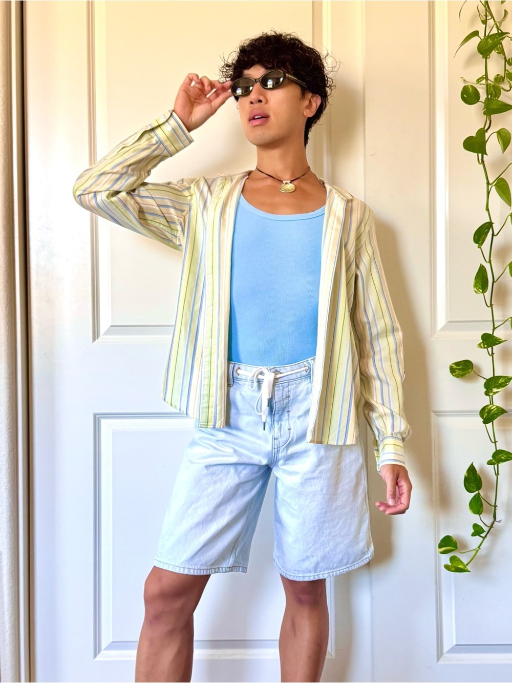 Faconnable Pastel Yellow & Green Striped Button-Up Shirt